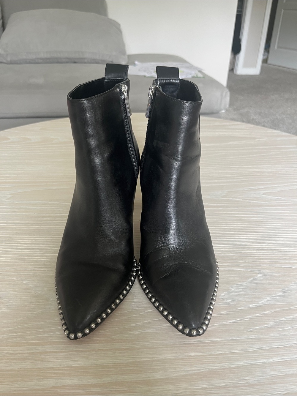 BCBGeneration Black Leather Pointed Studded Ankle Booties